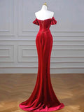Burgundy Velvet Sequins Long Prom Dress, Mermaid Off the Shoulder Party Dress with Slit HZ1024