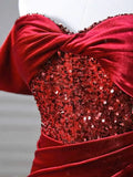 Burgundy Velvet Sequins Long Prom Dress, Mermaid Off the Shoulder Party Dress with Slit HZ1024