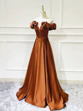 Simple Satin Long Prom Dress, Off the Shoulder V-Neck Evening Dress HZ1024