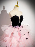 Pink Tulle and Black Velvet Strapless Party Gown, Pink Backless Ruffles Formal Evening Dress HZ1024