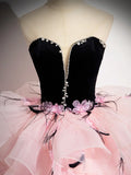 Pink Tulle and Black Velvet Strapless Party Gown, Pink Backless Ruffles Formal Evening Dress HZ1024