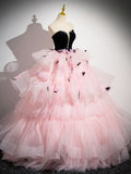 Pink Tulle and Black Velvet Strapless Party Gown, Pink Backless Ruffles Formal Evening Dress HZ1024