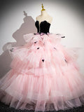 Pink Tulle and Black Velvet Strapless Party Gown, Pink Backless Ruffles Formal Evening Dress HZ1024