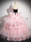 Pink Tulle and Black Velvet Strapless Party Gown, Pink Backless Ruffles Formal Evening Dress HZ1024