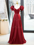 Elegant Burgundy Satin Long Prom Dress with Beaded, Burgundy Short Sleeve Evening Dress HZ1024