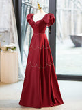 Elegant Burgundy Satin Long Prom Dress with Beaded, Burgundy Short Sleeve Evening Dress HZ1024