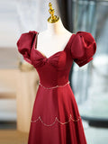 Elegant Burgundy Satin Long Prom Dress with Beaded, Burgundy Short Sleeve Evening Dress HZ1024
