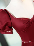 Elegant Burgundy Satin Long Prom Dress with Beaded, Burgundy Short Sleeve Evening Dress HZ1024