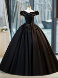 Black A-Line Floor Length Prom Dress with Pearl, Off the Shoulder Evening Party Dress HZ1024