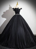 Black Pleated Long A-line Party Gown with Rhinestone Sash, Elegant Off the Shoulder Formal Evening Dress HZ1024