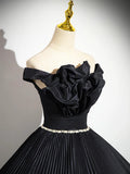 Black Pleated Long A-line Party Gown with Rhinestone Sash, Elegant Off the Shoulder Formal Evening Dress HZ1024