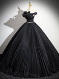Black Pleated Long A-line Party Gown with Rhinestone Sash, Elegant Off the Shoulder Formal Evening Dress HZ1024