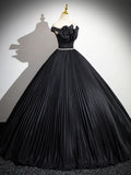 Black Pleated Long A-line Party Gown with Rhinestone Sash, Elegant Off the Shoulder Formal Evening Dress HZ1024