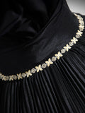 Black Pleated Long A-line Party Gown with Rhinestone Sash, Elegant Off the Shoulder Formal Evening Dress HZ1024