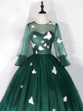 Dark Green Tulle Floor Length Prom Dress with Butterfly Appliques, A-Line Long Sleeve Evening Party Dress HZ1024