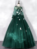 Dark Green Tulle Floor Length Prom Dress with Butterfly Appliques, A-Line Long Sleeve Evening Party Dress HZ1024