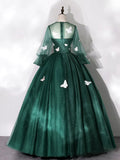 Dark Green Tulle Floor Length Prom Dress with Butterfly Appliques, A-Line Long Sleeve Evening Party Dress HZ1024