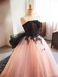 Black and Pink Tulle Lace Long Prom Dress, A-Line Strapless Evening Sweet 16 Dress HZ1024