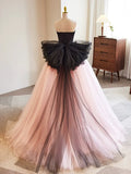 Black and Pink Tulle Lace Long Prom Dress, A-Line Strapless Evening Sweet 16 Dress HZ1024