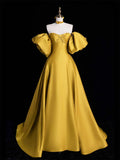 Yellow Satin Long Prom Dress, Off the Shoulder A-Line Evening Party Dress HZ1024