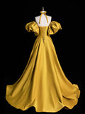 Yellow Satin Long Prom Dress, Off the Shoulder A-Line Evening Party Dress HZ1024