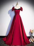 Burgundy Satin Strapless Prom Dress, Simple A-Line Party Dress with Detachable Sleeve HZ1024