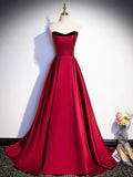 Burgundy Satin Strapless Prom Dress, Simple A-Line Party Dress with Detachable Sleeve HZ1024
