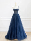 Blue Spaghetti Strap Tulle Sequins Long Prom Dress, Beautiful A-Line Evening Party Dress HZ1024
