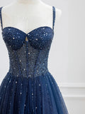 Blue Spaghetti Strap Tulle Sequins Long Prom Dress, Beautiful A-Line Evening Party Dress HZ1024