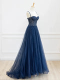 Blue Spaghetti Strap Tulle Sequins Long Prom Dress, Beautiful A-Line Evening Party Dress HZ1024