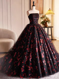 Black Tulle and Red Sequins Long Pom Dress, Beautiful A-Line Strapless Formal Evening Dress HZ1024