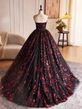 Black Tulle and Red Sequins Long Pom Dress, Beautiful A-Line Strapless Formal Evening Dress HZ1024