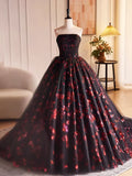 Black Tulle and Red Sequins Long Pom Dress, Beautiful A-Line Strapless Formal Evening Dress HZ1024