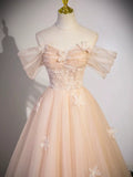 Light Pink Tulle Floor Length Prom Dress, Beautiful Off the Shoulder Evening Party Dress HZ1024