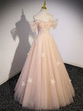 Light Pink Tulle Floor Length Prom Dress, Beautiful Off the Shoulder Evening Party Dress HZ1024