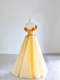 Yellow Tulle Applique Long Prom Dress, Off the Shoulder Sleeveless Backless Long Formal Evening Dress HZ1024