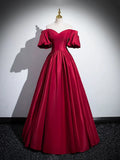 Burgundy Satin Long Prom Dress, Off the Shoulder A-Line Formal Evening Dress HZ1024