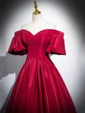 Burgundy Satin Long Prom Dress, Off the Shoulder A-Line Formal Evening Dress HZ1024