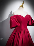 Burgundy Satin Long Prom Dress, Off the Shoulder A-Line Formal Evening Dress HZ1024