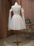 Lovely A-Line Tulle Lace Knee Length Prom Dress, Ivory Off the Shoulder Party Dress HZ1024