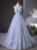 Blue Tulle Long A-Line Prom Dress Party Dress, Beautiful Off the Shoulder Blue Evening Dress HZ1024