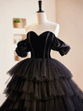 Black Velvet and Tulle Long Prom Dress, A-Line Off the Shoulder Formal Evening Dress HZ1024