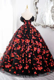 Black Tulle and Red Sequins Long Formal Gown, Off the Shoulder Evening Party Dress HZ1024