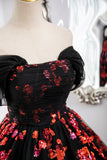 Black Tulle and Red Sequins Long Formal Gown, Off the Shoulder Evening Party Dress HZ1024