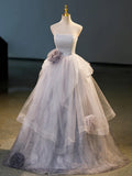 Gray Tulle Floor Length Formal Dress, A-Line Strapless Evening Party Dress HZ1024