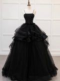 Black Spaghetti Strap Tulle Long Prom Dress with Beaded, A-Line Tulle Layers Formal Gown HZ1024
