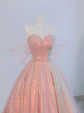 Pink Tulle and Sparkling Sequins Floor Length Prom Dress, Beautiful A-Line Evening Party Dress HZ1024