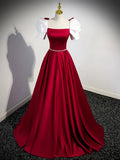 White and Burgundy Satin Long Prom Dress, Beautiful A-Line Short Sleeve Evening Dress HZ1024