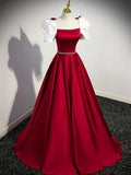 White and Burgundy Satin Long Prom Dress, Beautiful A-Line Short Sleeve Evening Dress HZ1024