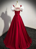 White and Burgundy Satin Long Prom Dress, Beautiful A-Line Short Sleeve Evening Dress HZ1024